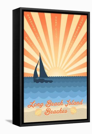 Long Beach Island, New Jersey - Beach Scene with Rays and Sailboat-Lantern Press-Framed Stretched Canvas