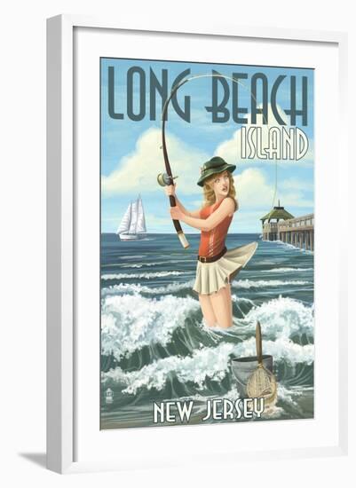 Long Beach Island, New Jersey - Pinup Girl Fishing-Lantern Press-Framed Art Print