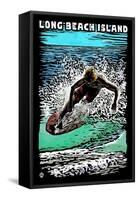 Long Beach Island - Scratchboard Surfer-Lantern Press-Framed Stretched Canvas