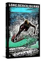 Long Beach Island - Scratchboard Surfer-Lantern Press-Stretched Canvas