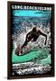 Long Beach Island - Scratchboard Surfer-Lantern Press-Framed Art Print