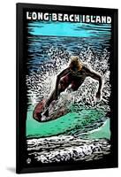 Long Beach Island - Scratchboard Surfer-Lantern Press-Framed Art Print