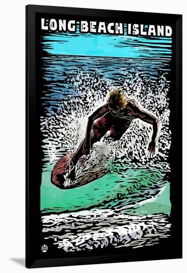 Long Beach Island - Scratchboard Surfer-Lantern Press-Framed Art Print