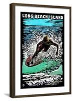 Long Beach Island - Scratchboard Surfer-Lantern Press-Framed Art Print