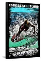 Long Beach Island - Scratchboard Surfer-Lantern Press-Framed Stretched Canvas