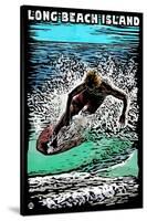 Long Beach Island - Scratchboard Surfer-Lantern Press-Stretched Canvas