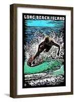 Long Beach Island - Scratchboard Surfer-Lantern Press-Framed Art Print