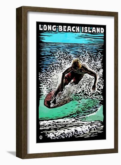 Long Beach Island - Scratchboard Surfer-Lantern Press-Framed Art Print