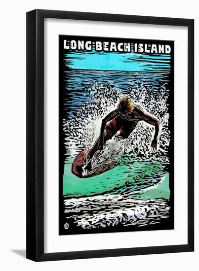 Long Beach Island - Scratchboard Surfer-Lantern Press-Framed Art Print