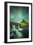 Long exposure landscape with waterfalls and aurora borealis above Kirkjufell Mountain, Snaefellsnes-ClickAlps-Framed Photographic Print