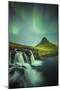 Long exposure landscape with waterfalls and aurora borealis above Kirkjufell Mountain, Snaefellsnes-ClickAlps-Mounted Photographic Print