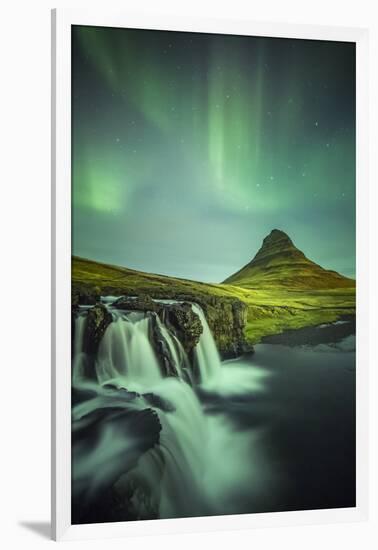 Long exposure landscape with waterfalls and aurora borealis above Kirkjufell Mountain, Snaefellsnes-ClickAlps-Framed Photographic Print