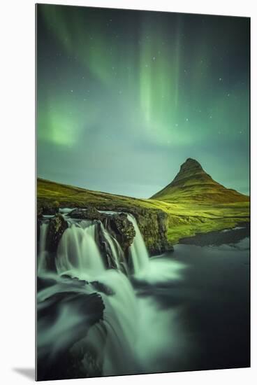 Long exposure landscape with waterfalls and aurora borealis above Kirkjufell Mountain, Snaefellsnes-ClickAlps-Mounted Premium Photographic Print