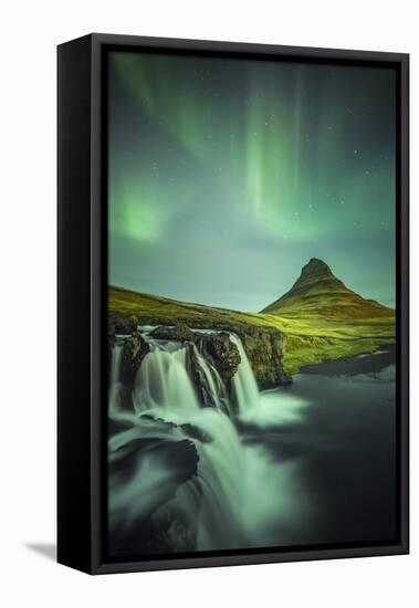 Long exposure landscape with waterfalls and aurora borealis above Kirkjufell Mountain, Snaefellsnes-ClickAlps-Framed Stretched Canvas