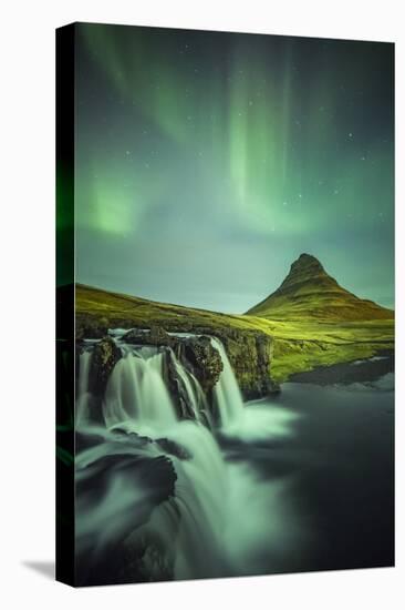 Long exposure landscape with waterfalls and aurora borealis above Kirkjufell Mountain, Snaefellsnes-ClickAlps-Stretched Canvas