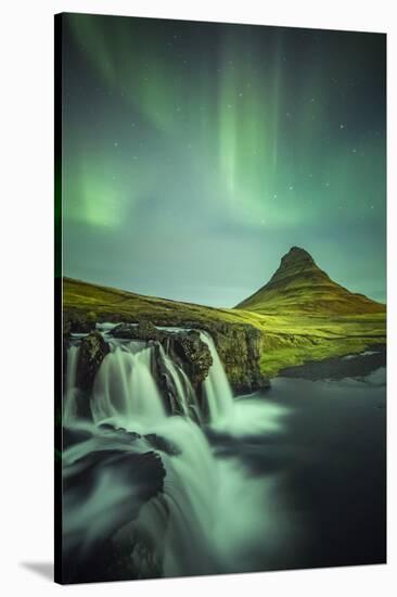 Long exposure landscape with waterfalls and aurora borealis above Kirkjufell Mountain, Snaefellsnes-ClickAlps-Stretched Canvas