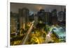 Long exposure night photography during a foggy night in downtown Sao Paulo, Brazil.-James White-Framed Photographic Print