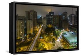 Long exposure night photography during a foggy night in downtown Sao Paulo, Brazil.-James White-Framed Stretched Canvas