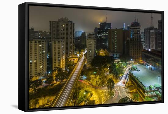 Long exposure night photography during a foggy night in downtown Sao Paulo, Brazil.-James White-Framed Stretched Canvas