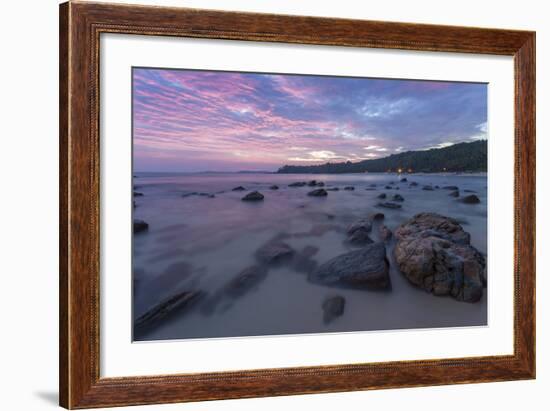 Long Exposure of a Pink Sunset at the Beach During Dusk with Rocks in the Foreground-Charlie-Framed Photographic Print