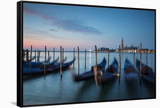 Long Exposure of Blue Gondolas at Dawn with the Church of San Giorgio Maggiore-Alex Saberi-Framed Stretched Canvas