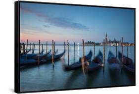 Long Exposure of Blue Gondolas at Dawn with the Church of San Giorgio Maggiore-Alex Saberi-Framed Stretched Canvas