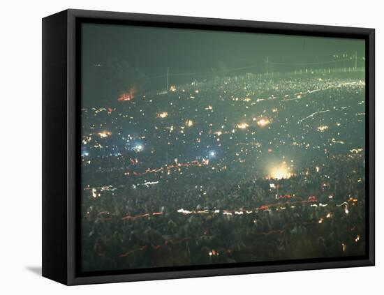 Long Exposure of Huge Night Time Crowd, Showing Lights All Over, Woodstock Music and Art Fair-John Dominis-Framed Stretched Canvas