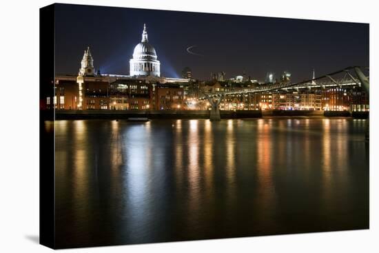 Long Exposure of St Paul's Cathedral in London at Night with Reflections in River Thames-Veneratio-Stretched Canvas