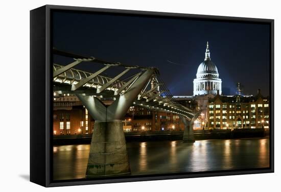 Long Exposure of St Paul's Cathedral in London at Night with Reflections in River Thames-Veneratio-Framed Stretched Canvas