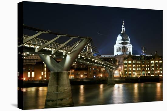 Long Exposure of St Paul's Cathedral in London at Night with Reflections in River Thames-Veneratio-Stretched Canvas