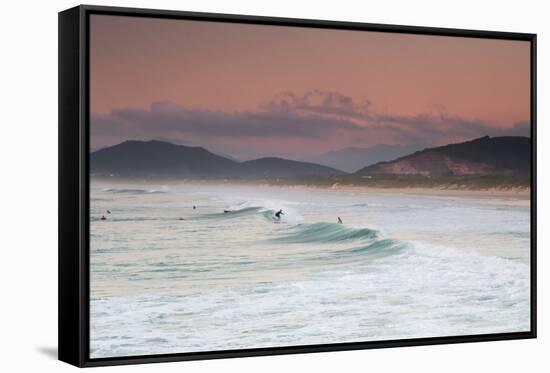 Long Exposure of Surfers Enjoy the Wave on Praia Da Joaquina Beach-Alex Saberi-Framed Stretched Canvas