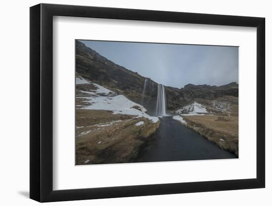 Long Exposure of the Seljalandsfoss on Iceland from the Small Wooden Jetty in Cloudy Weather-Niki Haselwanter-Framed Photographic Print