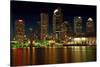 Long exposure of the skyline of Tampa at night along the Hillsborough River-Sheila Haddad-Stretched Canvas