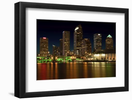 Long exposure of the skyline of Tampa at night along the Hillsborough River-Sheila Haddad-Framed Photographic Print