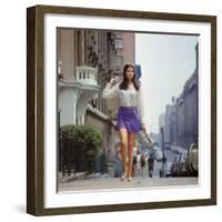 Long Hair Woman with short skirt, lace top and sandals walking up street in "New York Look" fashion-Vernon Merritt III-Framed Photographic Print