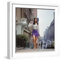 Long Hair Woman with short skirt, lace top and sandals walking up street in "New York Look" fashion-Vernon Merritt III-Framed Photographic Print