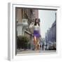 Long Hair Woman with short skirt, lace top and sandals walking up street in "New York Look" fashion-Vernon Merritt III-Framed Photographic Print