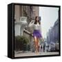Long Hair Woman with short skirt, lace top and sandals walking up street in "New York Look" fashion-Vernon Merritt III-Framed Stretched Canvas