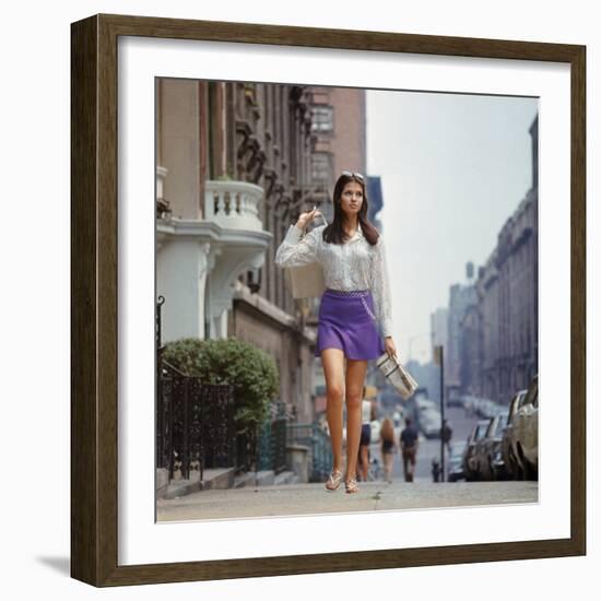 Long Hair Woman with short skirt, lace top and sandals walking up street in "New York Look" fashion-Vernon Merritt III-Framed Photographic Print