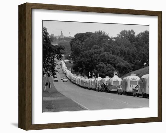 Long Line of Airstream Trailers Wait for Parking Space at a Campground During a Trailer Rally-Ralph Crane-Framed Photographic Print