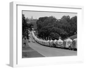 Long Line of Airstream Trailers Wait for Parking Space at a Campground During a Trailer Rally-Ralph Crane-Framed Photographic Print