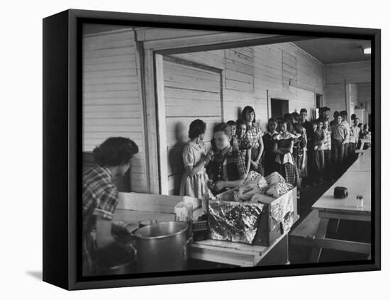 Long Line of Children Preparing to Receive their Free Lunches at the Rives Elementary School-John Dominis-Framed Stretched Canvas