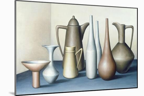 Long Necked Bottles in Space with Terracotta Bowl-Brian Irving-Mounted Giclee Print