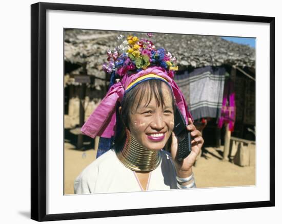 Long-Necked Tribal Woman on Mobile Phone, Thailand, Southeast Asia-Mula Eshet-Framed Photographic Print