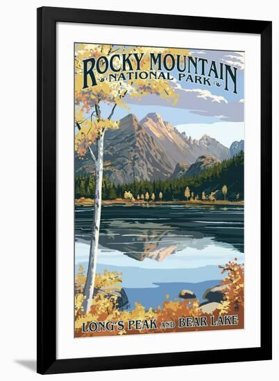 Long's Peak and Bear Lake - Rocky Mountain National Park-Lantern Press-Framed Art Print