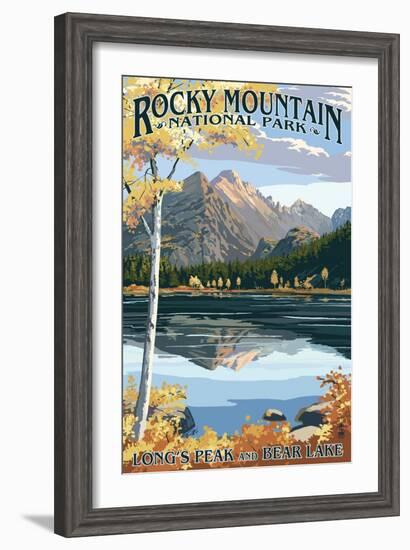 Long's Peak and Bear Lake - Rocky Mountain National Park-Lantern Press-Framed Art Print