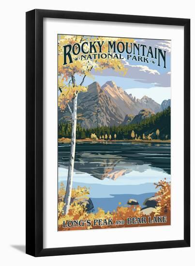 Long's Peak and Bear Lake - Rocky Mountain National Park-Lantern Press-Framed Art Print