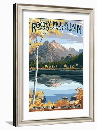 Long's Peak and Bear Lake - Rocky Mountain National Park-Lantern Press-Framed Art Print