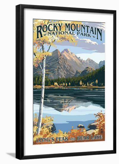 Long's Peak and Bear Lake - Rocky Mountain National Park-Lantern Press-Framed Art Print