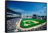 Long view of Baseball diamond and bleachers during professional Baseball Game, Comiskey Park, Il...-null-Framed Stretched Canvas